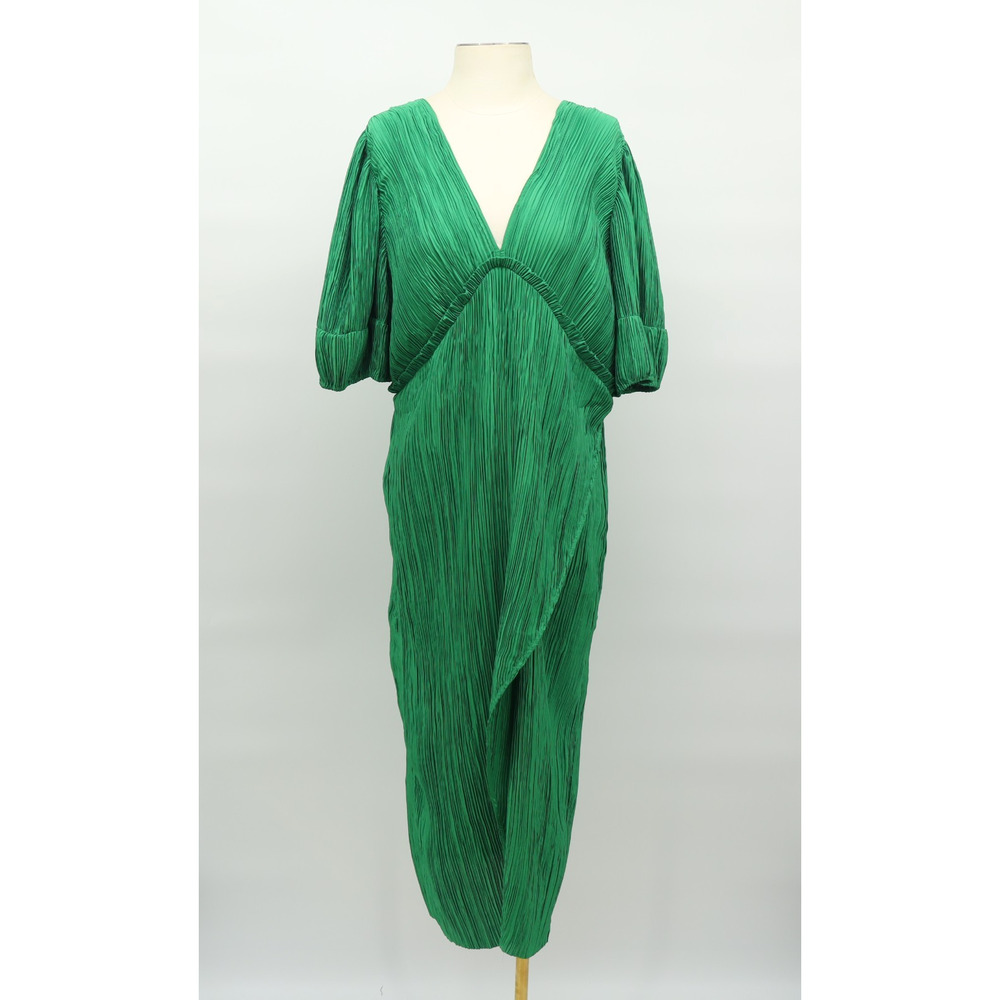 Anthropologie Green Pleated Midi Dress with V-Neck